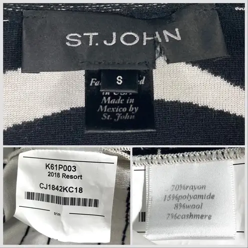 St. John Brush Stroke Jacquard Cashmere Wool Cardigan Black White Size S