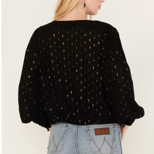 Wrangler Retro Tie Front Poet Sleeve Cropped Blouse Black Gold Metallic Size L