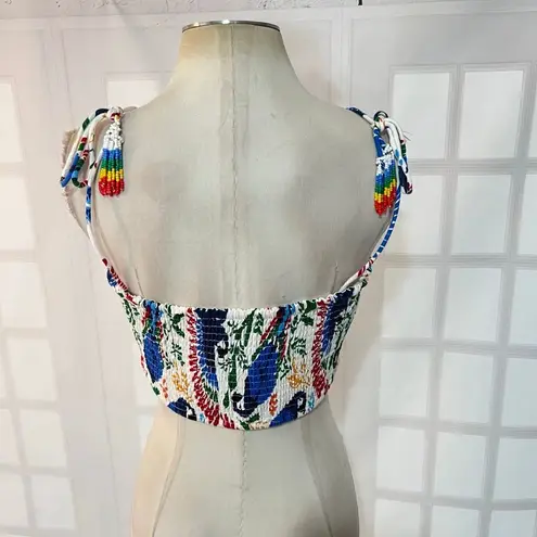 House of Harlow Blue White Toucan Smocked Beaded Tassel Crop Bandeau Top Large