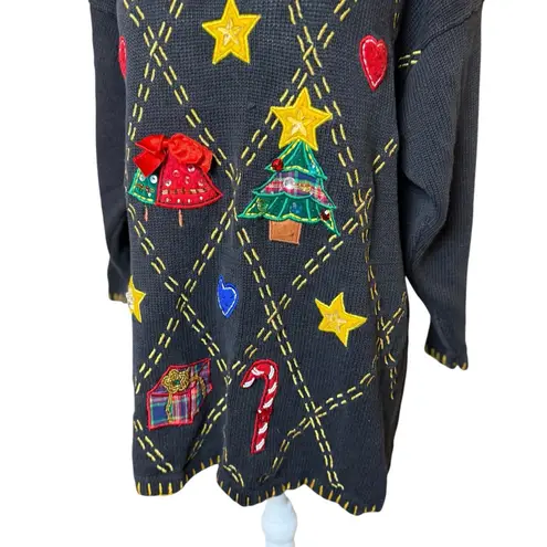 Vtg Womens Christmas Sweater Large Victoria Harbour Holiday Appliqué Embroidered Black