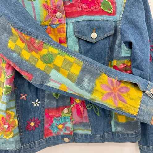 Susan Bristol Vintage Bright Hand Painted & Embroidered Floral Jean Jacket Retro