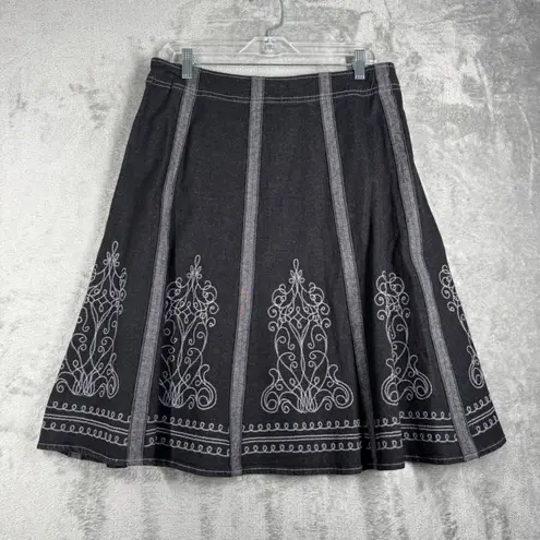Denim & Co Skirt Women 12 Black A-Line Embroidered Dark Wash Denim Casual Boho