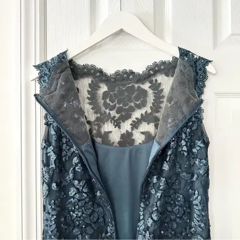 Tadashi Shoji Teal Sequin Illusion Sheath Knee Length Pailette Cocktail Dress 8