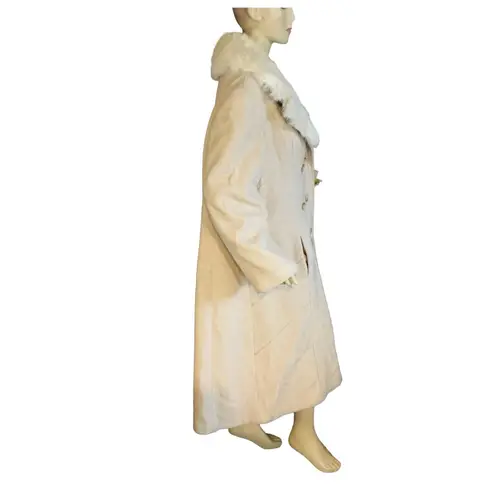 VINTAGE 1980'S PRIME SOURCE NY BEIGE & CREAM WOOL & RABBIT FUR COLLAR COAT (L) Size L
