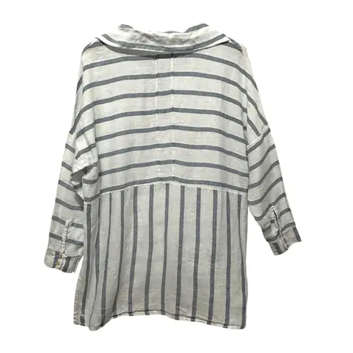 Gigi Moda Women Linen Striped Tunic Top One Size Blue White Coastal Resort Beach Size L