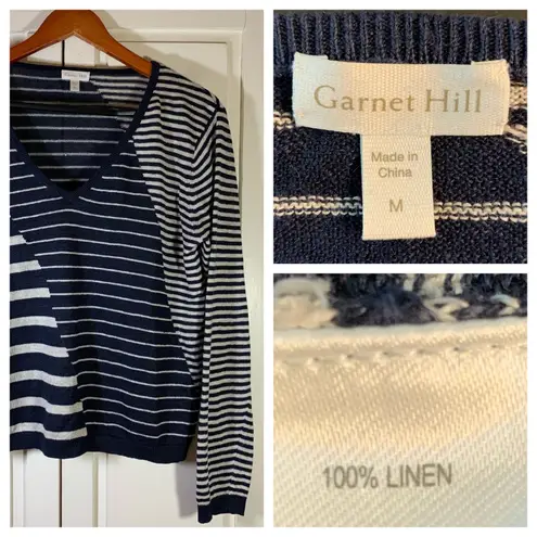 Garnet Hill Striped V Neck 100% Linen Sweater Blue White M Preppy Natural Fibers