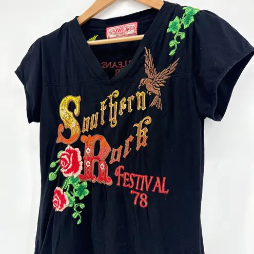 Johnny Was LA Southern Rock Festival 1978 Black Embroidered T Shirt Dress Large