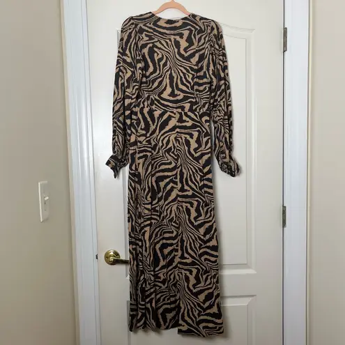 Ganni Tiger Print Wrap Long-Sleeve Maxi Dress Size EU 34 Black & Brown