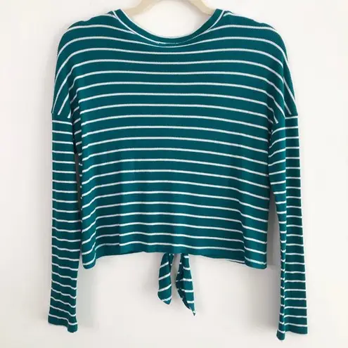 Good Luck Gem New Tie Hem Striped Top Button Down Long Sleeve Thermal Knit Teal