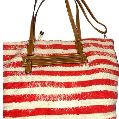 Canvas bag tan with red stripes!! Tan faux leather straps