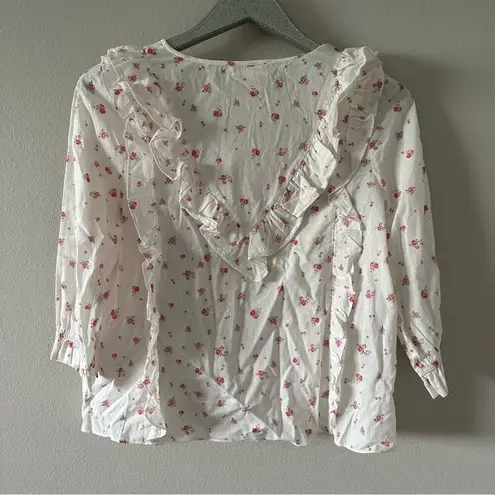 Love Shack Fancy  Cream & Pink Floral Print Ruffle Blouse - Image 6