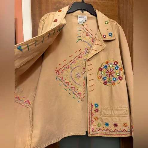 Anne Ashley Vintage Tan Open Denim Jacket Blazer Aztec Boho Embellished Plus 2X Size XXL