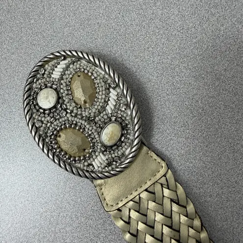 Chicos Woven Leather Belt Womens Gold Gem Buckle Embellished Bead Boho Wrap 52"
