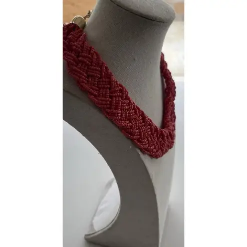 Vintage Red Color Seed Bead Multi strain Braid Beaded Collar Choker Necklace 17”