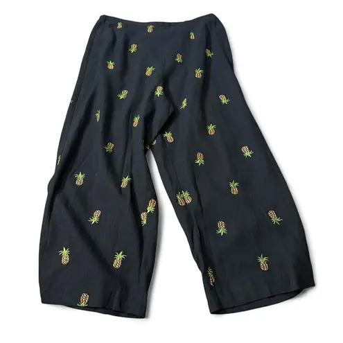 Vintage Pineapple Embroidered Wide Leg Cropped Linen Blend Black Size 12