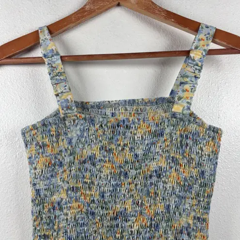 Pretty Garden Small Floral Smocked Tank Midi Dress Square Neck Ruffle Hem Blue