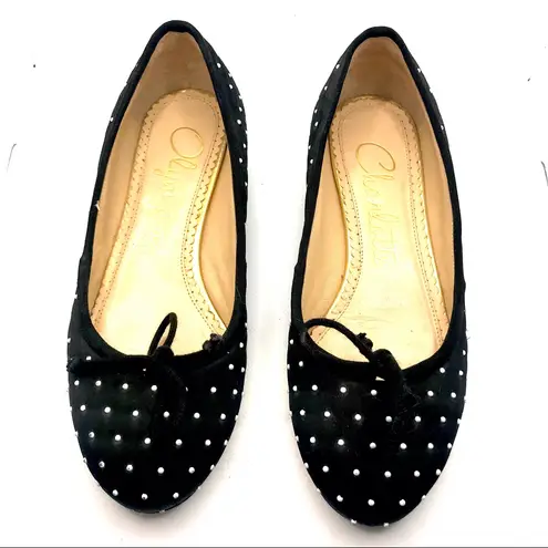 Charlotte Olympia BLACK WITH WHITE BEAD DOTS FABRIC AND LEATHER FLATS (35)
