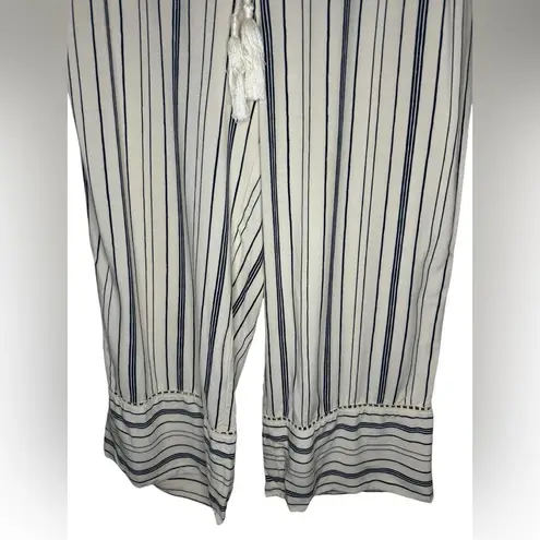 Soft Surroundings Wide Leg Cropped Tassel Tie Pants Size PS Ivory Navy Striped