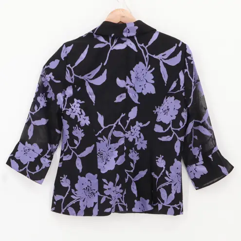 Alex Evenings Floral Blazer Jacket Black Purple Sheer 3/4 Sleeve Size Vintage S