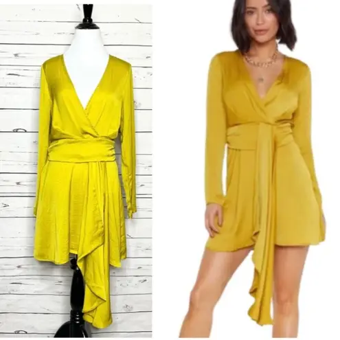 Nasty Gal  Chartreuse Satin Long Sleeve Draped Mini Dress Size 8 Medium