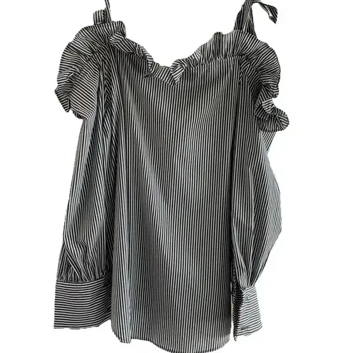 Secular.lab Black White Stripe Cold Shoulder Ruffle Top Size XS
