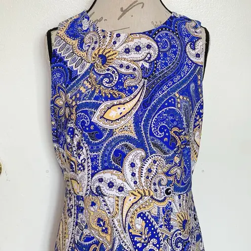 Kasper Dress Womens Sz 8 Blue Sleeveless Midi Paisley Retro Hipster Bohemian