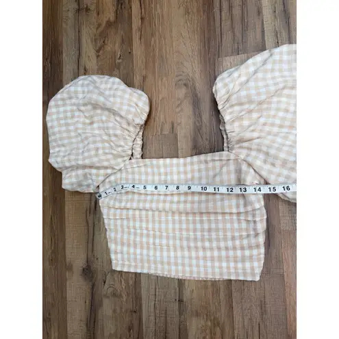 Mimosa Beige Gingham Puff Sleeve Crop Top Smocked Back Size Small