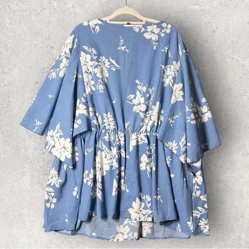 New BloomChic Floral Tunic Top Women 28 Plus Size Blue White Flowy Sleeve V