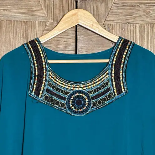 Womens Teal Tunic Dress Embroidered Neckline Size Medium Bohochic Blue