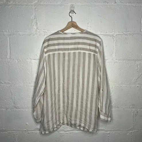 Antibes Blanc Women’s Tan White Linen Roll Tab Sleeve Popover Tunic Top 2X