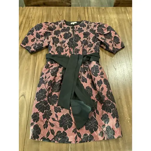 Rebecca Taylor puff sleeve brocade jacquard floral bow belt cocktail mini dress
