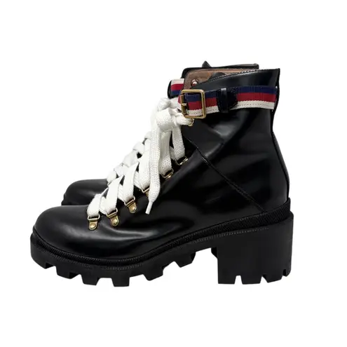 Gucci  Trip Sylvie Lug Sole Leather Combat Chelsea Boots Black Size 41