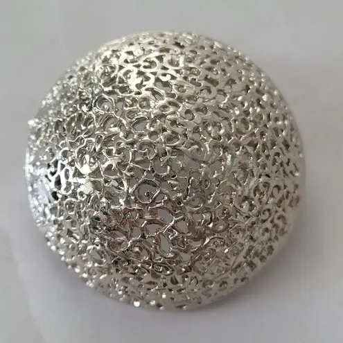 Vintage Silver Tone Bubbled Round Filigree Statement Costume Brooch Pin