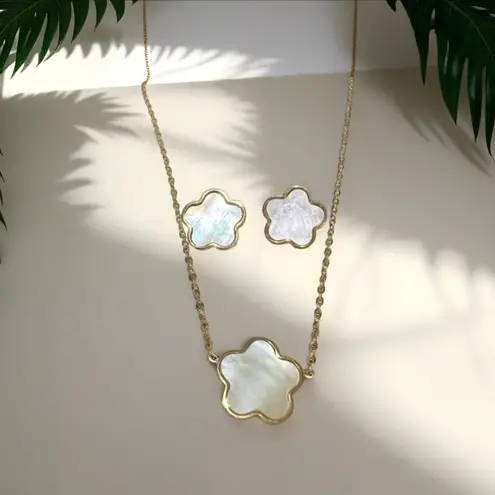Gold filled over Stainless steel mothers of pearl clover necklace set jewelry