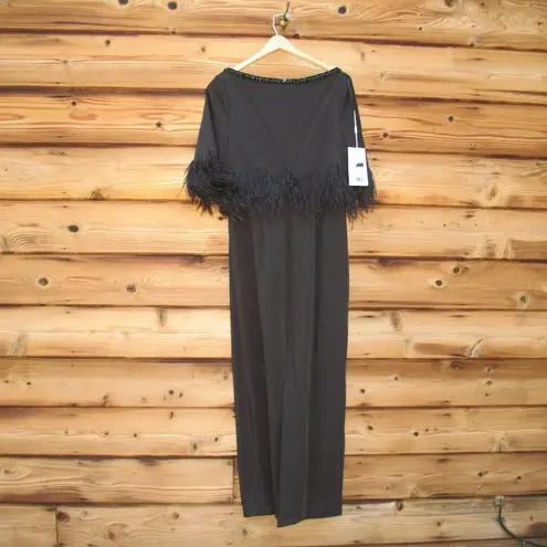 Mac Duggal 11787 Quarter Sleeve Crystal Neck Feather Detail Dress