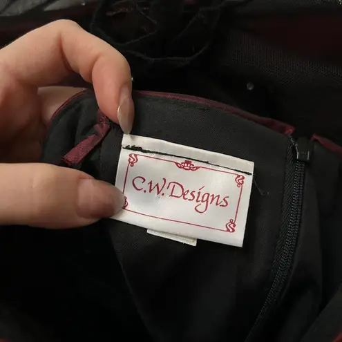 Vintage Red black goth formal prom dress mesh overlays, rhinestones and rosettes Size XXS