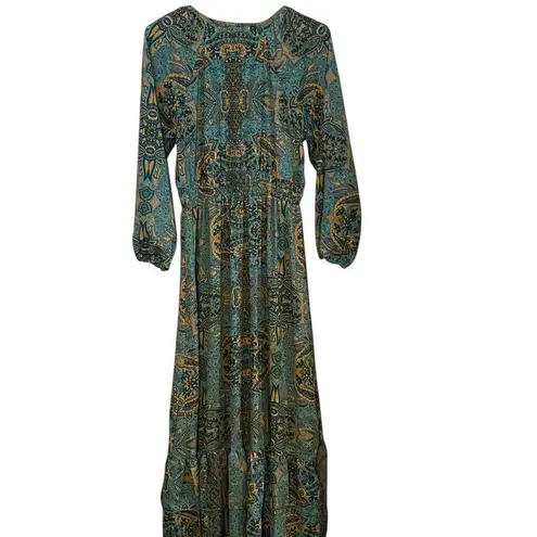 Anthropologie Boemo Peasant Boho Maxi Dress balloon sleeve Tealgold Paisley Fall Blue Size undefined
