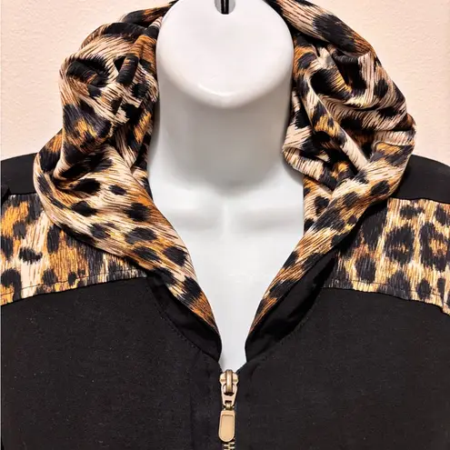 Joseph Ribkoff Black Leopard SS Hoodie Knit Top Jacket Sz 10 Sheer Sleeve Dressy
