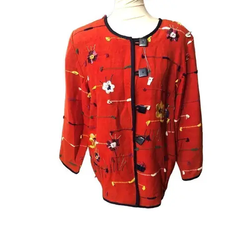 Allure cotton woven art to wear embroidered floral button front shacket size 14/ Red Size L