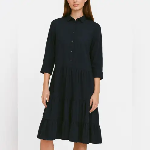 Ichi Flounce Poplin Midi Shirt Dress in Navy Blue Size M