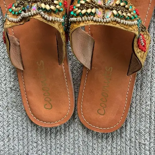 Vintage Coconuts Beaded Leather Flip Flops Sandals Size 9 Tan