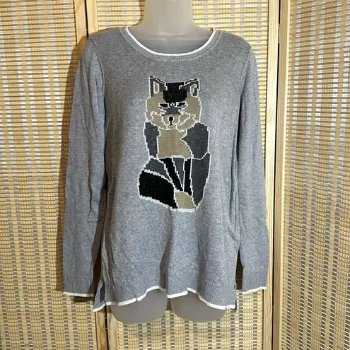 Bass Tight Knit Crew Neck Gray Sweater With Colorblock Fox Image Medium