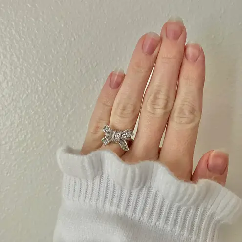 Boutique Silver Rhinestone Bow Glam Ring Girlhoodcore Coquette Femme Platinum Sparkly Jewelry
