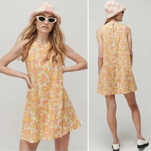 Ghanda Linen Blend Floral Summer Shift Dress, Sz Large Orange