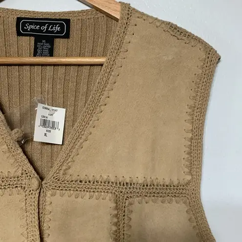 Vintage Spice of Life Boho 70s Leather Knit Suede Vest Size XL NEW Tan