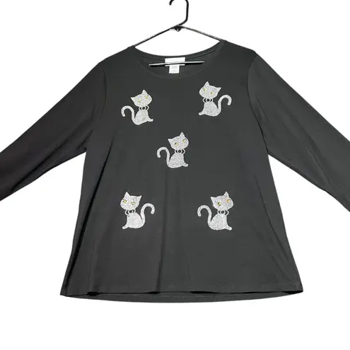 Catalog Favorites Rhinestone Cat Shirt Womens Large Long Sleeve Pets Cute Kitten Black