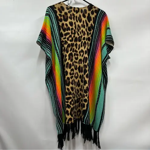 Crazy Train reg Multicolor Leopard animal Print Tunic poncho fringe hem floral
