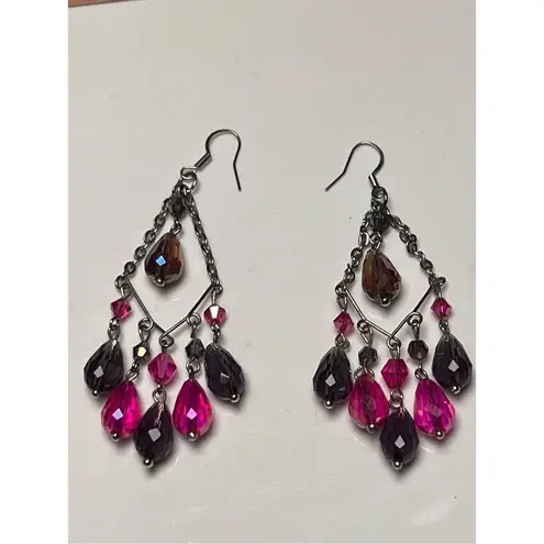 Pink & Purple Crystal Chandelier Drop Earrings French Hooks Pierced Ears Women Purple