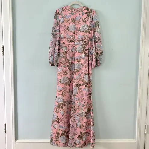 Eliza J NWT Blush Pink Floral Print Chiffon Cascade Long Sleeve Maxi Dress