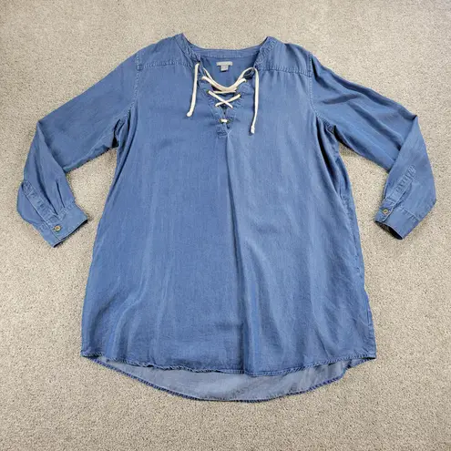 Falls Creek Falls Creek Womens Chambray Demin Dress XL Blue Lace Up Collar Western Rodeo